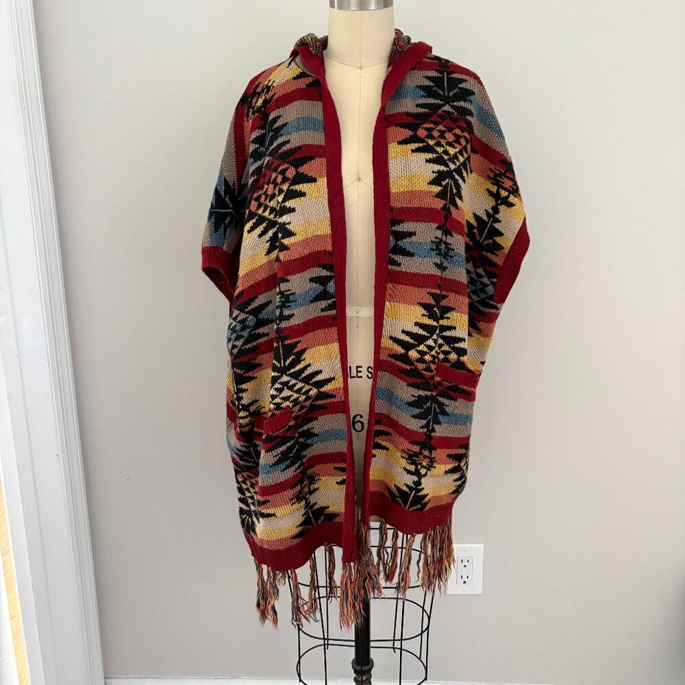American Eagle Southwest Hooded Fringe Trim Cardigan Aztec Boho Western XS/S